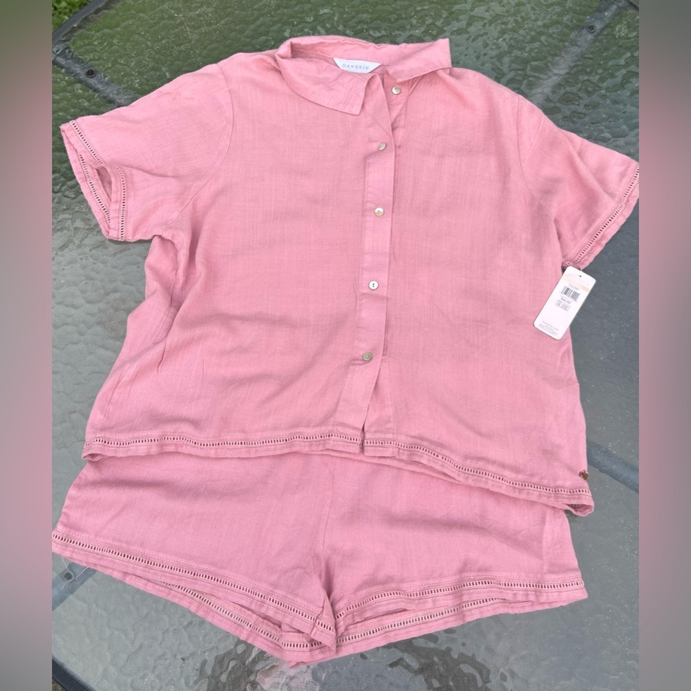 New Danskin L shortie pajama set rose pink blush rayon coquette feminine
